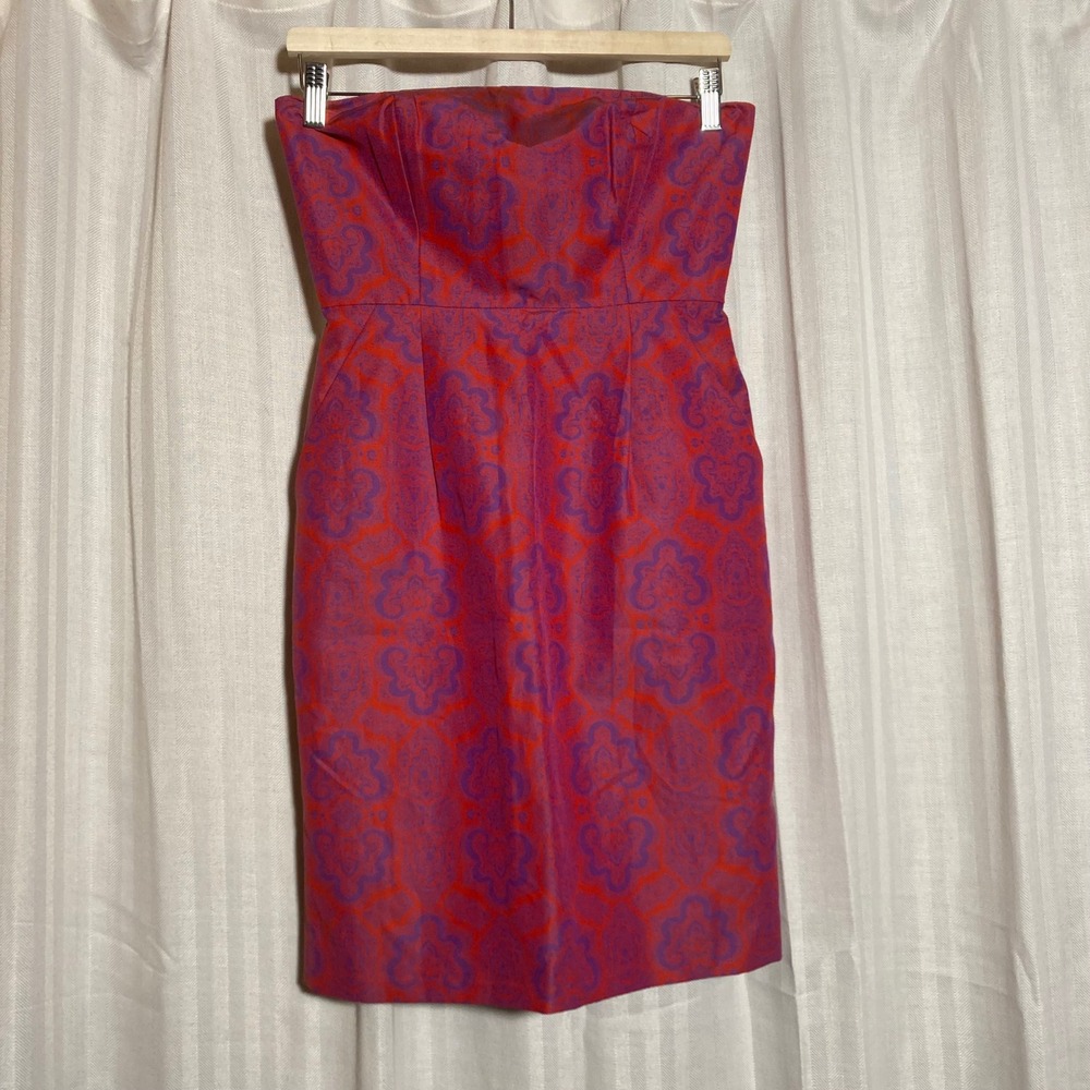 J.Crew Cotton Silk Strapless Medallion Paisley‎ Sheath Dress Red Purple 2 Retro